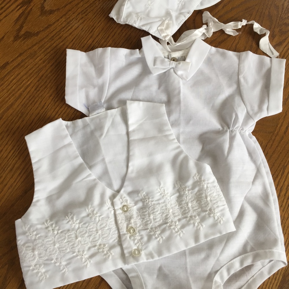 VINTAGE MADONNA ORIGINALS BOY BAPTISMAL HAT VEST SUIT 3 PC SET SZ 6/9 MOS. 1970S - Picture 7 of 7